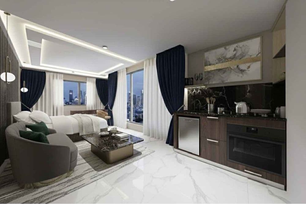 Presidential Suite lounge with panoramic glazing over the lake