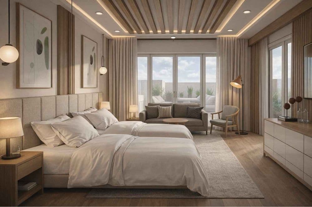 Twin and family room with two beds and a sitting area of sofa and armchairs